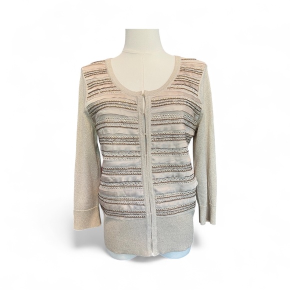 ✨🤍 EUC WHITE HOUSE BLACK MARKET Champagne Metallic Embellished Cardigan | Sz M - Picture 1 of 7